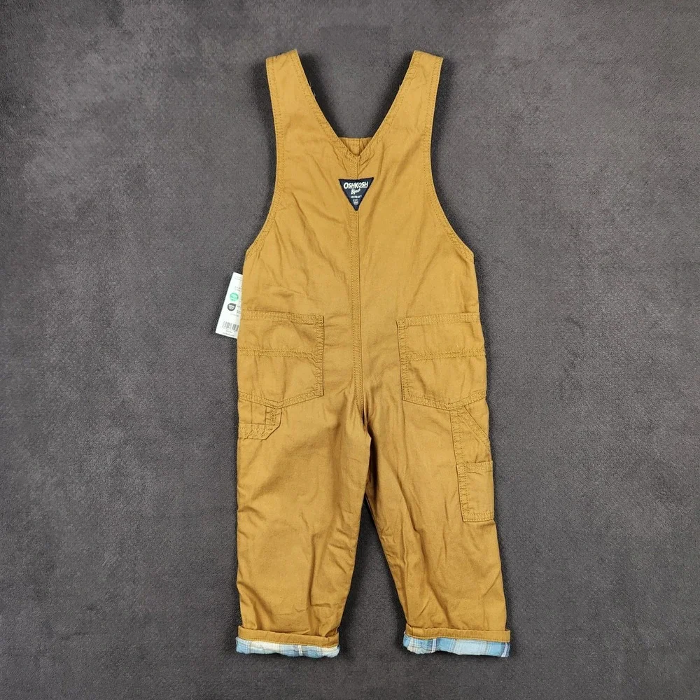 OshKosh B'gosh Overalls Boys 3T Tan Lightweight Flannel Lined Carpenter NEW